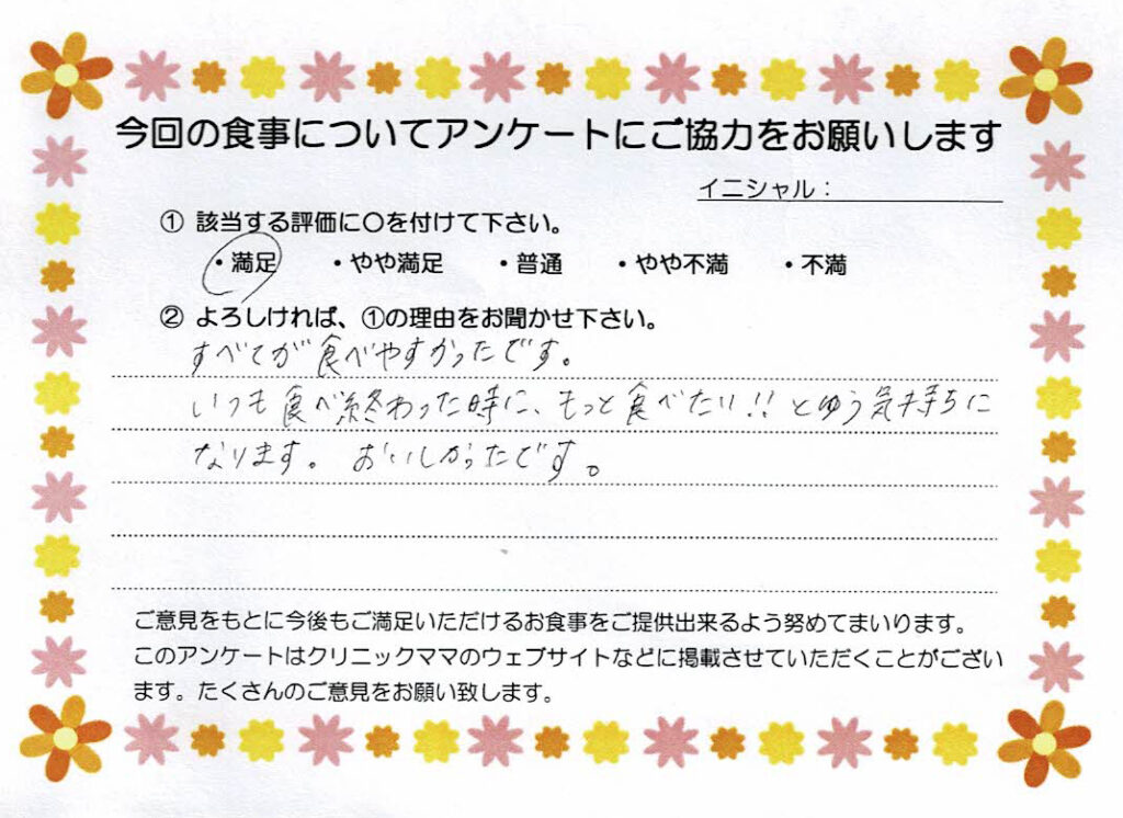 入院中のお食事に対するご感想 画像