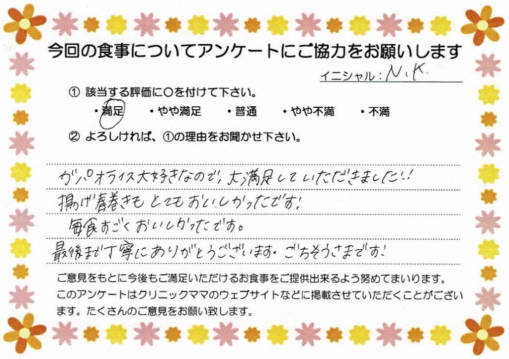 入院中のお食事に対するご感想 画像