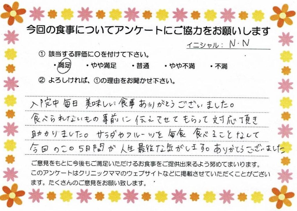 入院中のお食事に対するご感想 画像