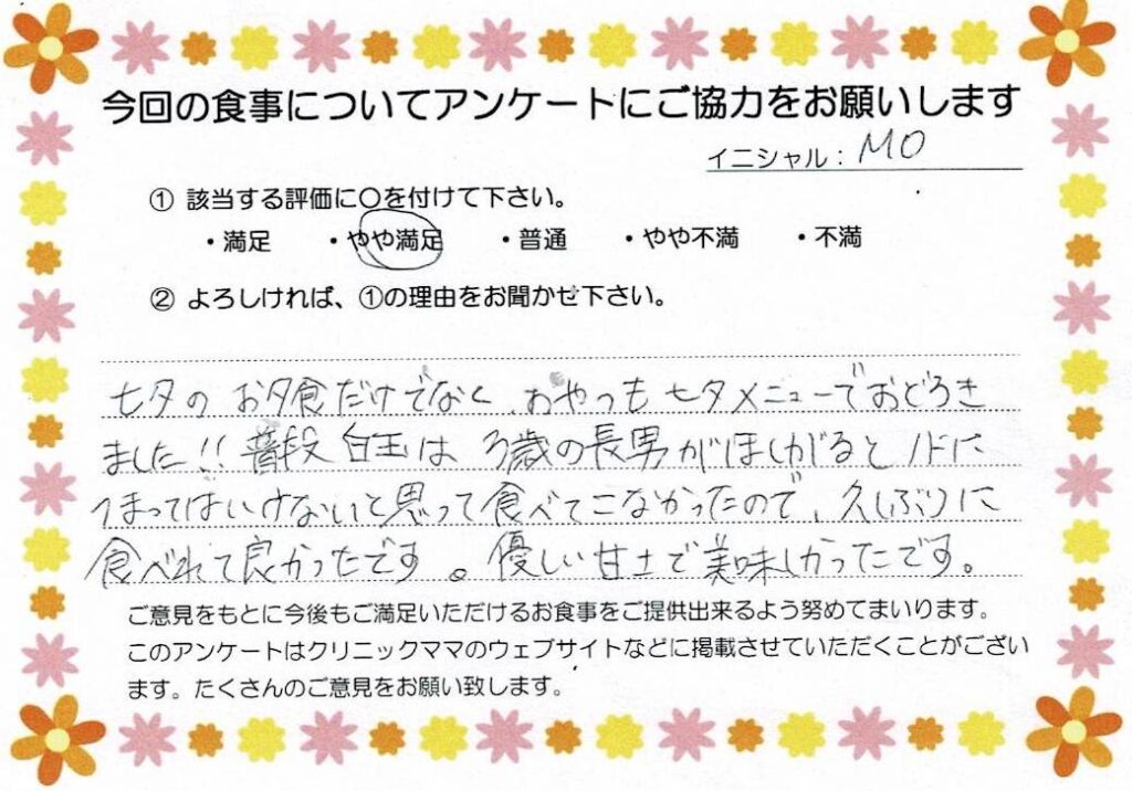 入院中のお食事に対するご感想 画像