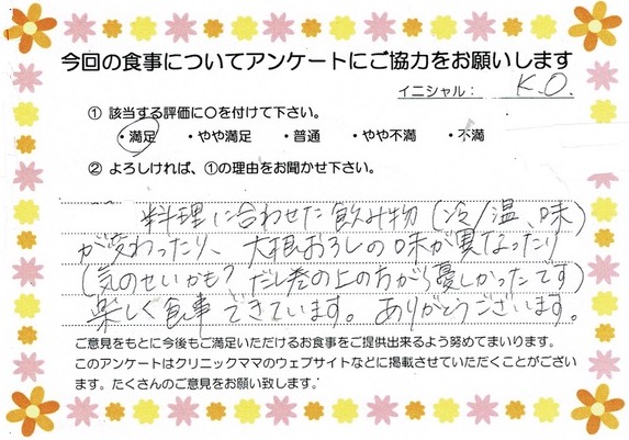 入院中のお食事に対するご感想 画像