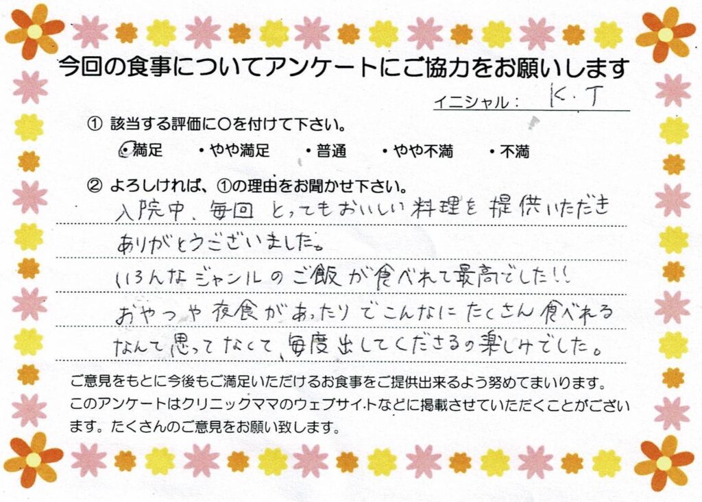 入院中のお食事に対するご感想 画像